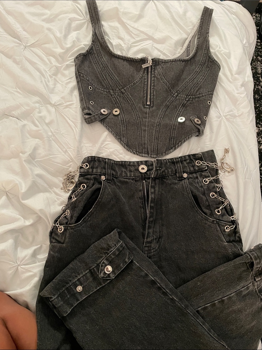 Maniere De Voir Black Denim Corset Camisole and jeans SET